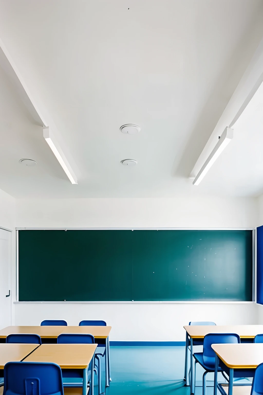 Can you make a classroom that has a white wall?, but the lower part of the wall is painted with blue about 30 cm high along the width of the wall