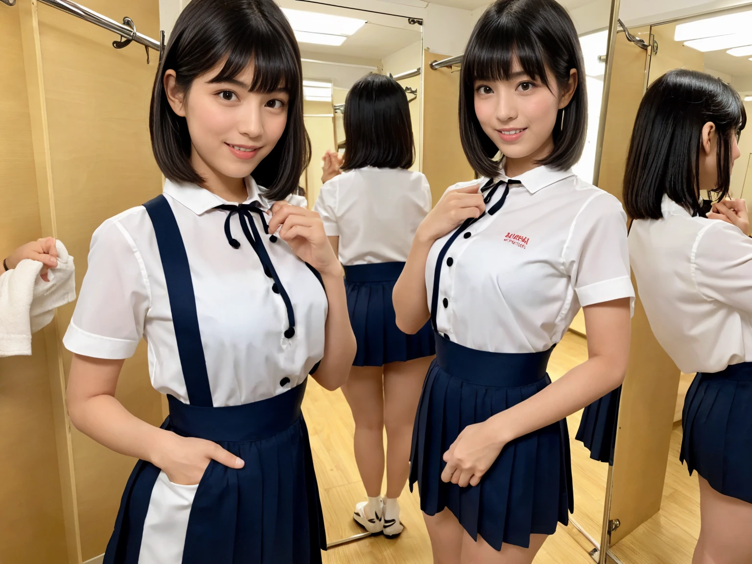 masterpiece, Highest quality, figure, Very detailed, The finer details, High resolution, 8k,wallpaper, Perfect dynamic composition,(Detailed high quality, Realistic depiction of eyes:1.3), (One girl:1.2),(A tight-fitting waitress uniform with buttons on the collar and chest), Seraphim, Short Bob Hair, The background is an empty changing room, Deep in the field, Black hair color, Big Natural Color Lip, (Perfect figure), (smile)、Harajuku Style、Elementary school girl in Japan:1.3), Adorable expression、Expressions of happiness、Amazingly cute、Cute type、Beautiful feet, Idol Sculpture、(Changing clothes in the changing room:1.5)、(In the process of taking off clothes:1.5)