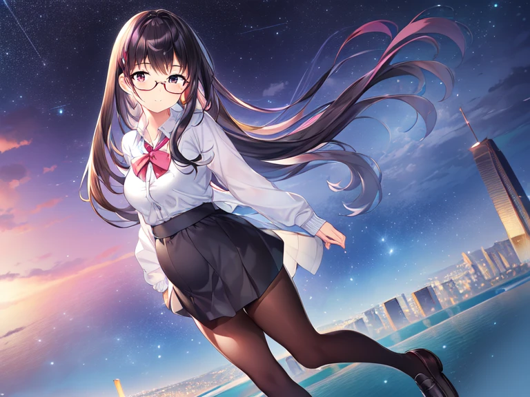 (ultra detailed hyper realistic best Quality raw photo,professional vivid water color art, beautiful breasts,idle body,glossy Plump lips):1.7, 

Break,(black tights:1.4),solo:1.3, 

break,(full body shot), (head to toes),((head to toes)),(the sole of the foots,whole body, entire body,full body,total body), Night, night sky,milky way, Meteor shower, 

(masterpiece:1.3), (bestquality:1.3), (high resolution:1.3), (long:1.3), (8k:1.3), 
(standing on skyscraper:1.2 rooftop:1.3) ,
1girl:1.2, cute girl, intelligent girl, Black hair:1.3,long hair,(straight hair:1.2), Kawaii smile:1.3, (Pink Cardigan:1.3), sleeves past wrists, overly long sleeves:1.2, Sinmetry Black eyes, (Kawaii and Ribbon), solo,(collared white shirt:1.3), (red-rimless eyewear:1.2), (Loafers:1.2),