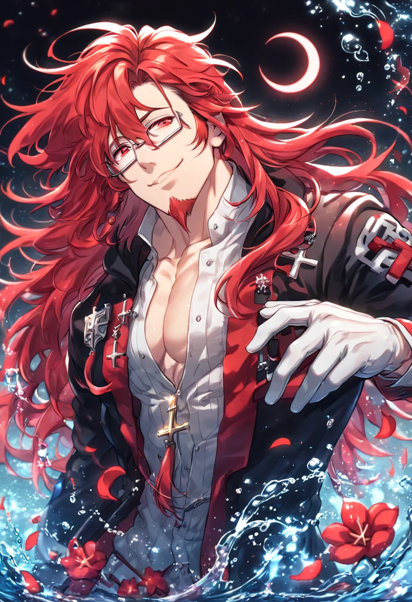 absurdres, highres, ultra detailed, HDR, master piece, Marian Cross, red hair, long hair, messy hair, red goatee, expressive red eyes, rectangular glasses, black coat, white gloves, D.Gray-man, sexy man, handsome, best quality, red glittering crescent moon, red flowers, fantasy, magical, solo, water, red shining fireflies, red petals, sensual, horny, manly man, handsome smile,