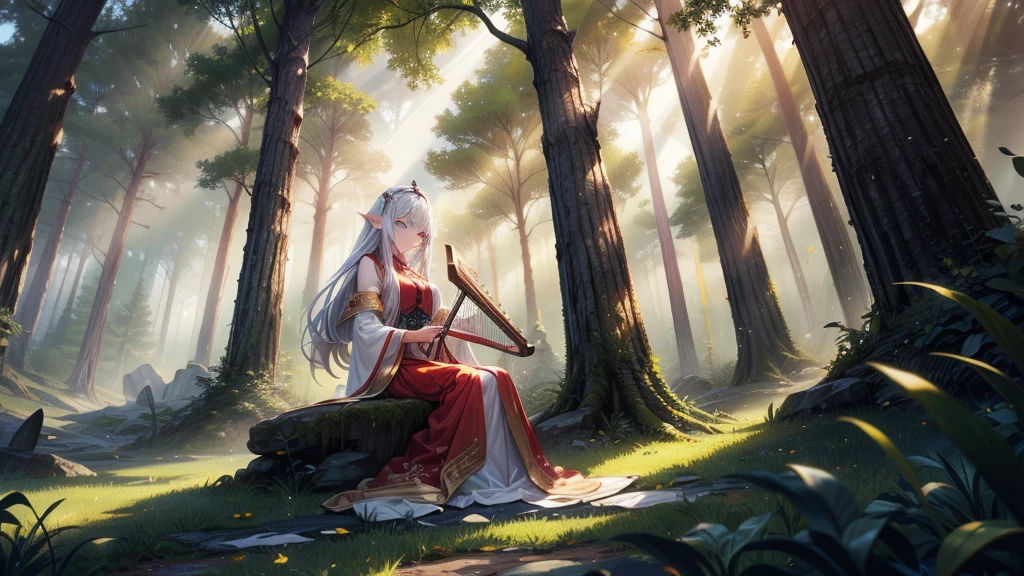 masterpiece, best quality, high quality, detailed, ultra detailed, hyper detailed, insanely detailed, exquisite, beautiful, FHD, Full-HD, 4K, 8K, 16K, highres, absurdres, forest, 1woman, Elf woman playing harp, meditating, intelligent, sitting, long hair, brown hair, silver hair, blue eyes, pale skin, fair skin, in the forest, with a tree, fantasy, beautiful, full body shot, lens flare, dust effect,an14