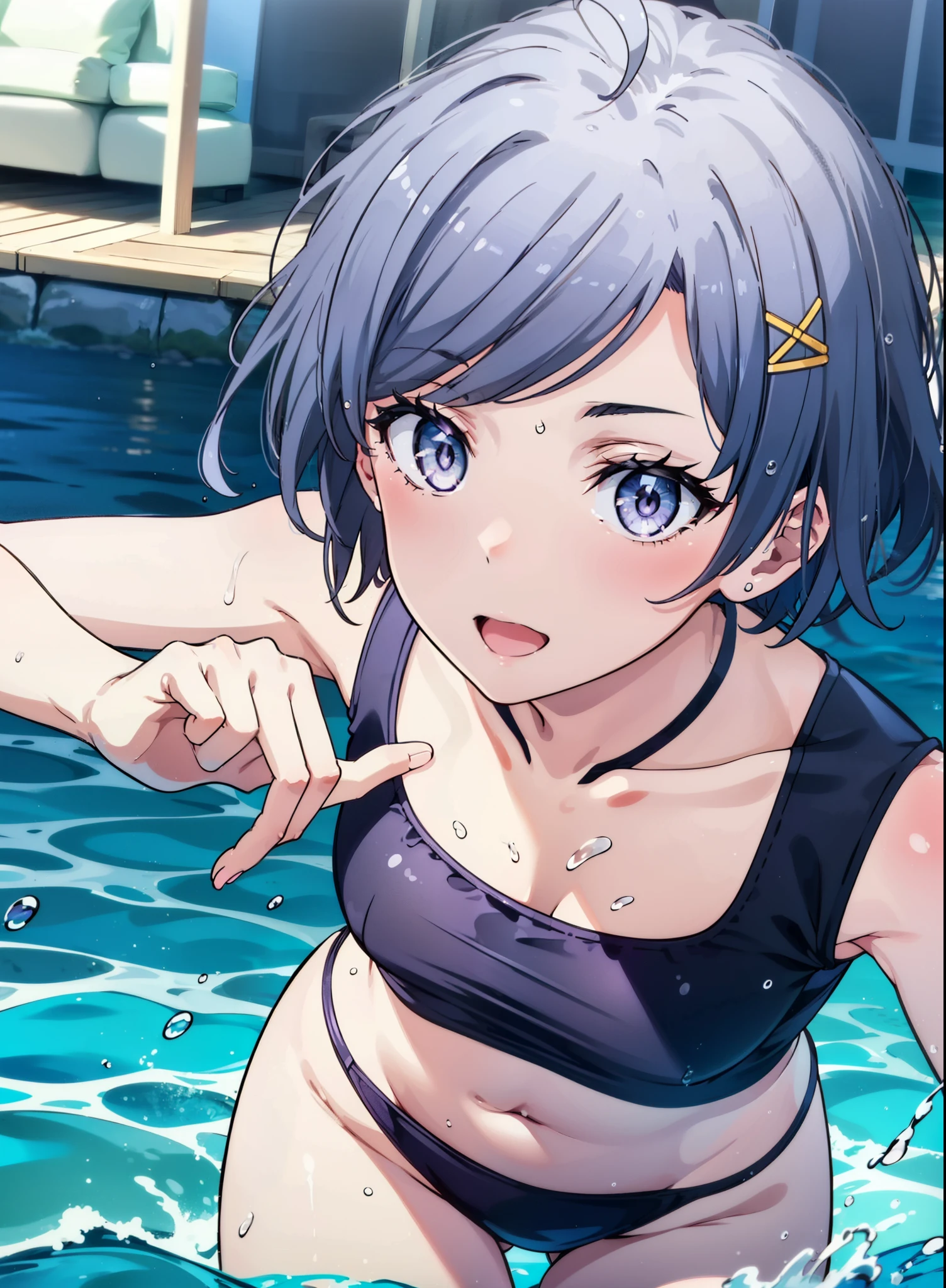 komachihikigaya, komachi hikigaya, short hair, Black Hair, hair ornaments, Ahoge, (Purple eyes:1.1), tooth, smile, Open your mouth, Bikini swimsuit with ruffles,barefoot,Water Play,Wet swimsuit,Wet Hair,Wet Skin,whole bodyがイラストに入るように,
break outdoors, Ocean,Beach,
break looking at viewer,whole body ,(Cowboy Shot:1. 5),
break (masterpiece:1.2), Highest quality, High resolution, unity 8k wallpaper, (figure:0.8), (Beautiful attention to detail:1.6), Highly detailed face, Perfect lighting, Highly detailed CG, (Perfect hands, Perfect Anatomy),