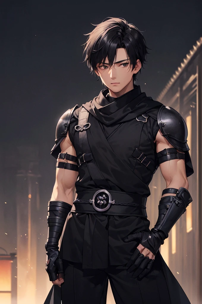 (((masterpiece; best quality: 1.2))), (finely detailed eyes: 1.3), ((ung man)), ((solo)), (black eyes: 1.4), (body shape; lean, masculine: 1.3), (very short black hair: 1.3), (beautiful and clear background: 1.2), ((depth of field)), (equipment: black shinobi clothing + fully covered + black kimono + black pants + black scarf + black bracers + black fingerless gloves + wolf mask: 1.3), (anime illustration: 1.2), (background composition; old japanese mansion + night: 1.1), (extremely fine and handsome: 1.1), (shot composition; standing + centered on torso + close-up: 1.5), (facial expression; calm, stoic: 1.2)