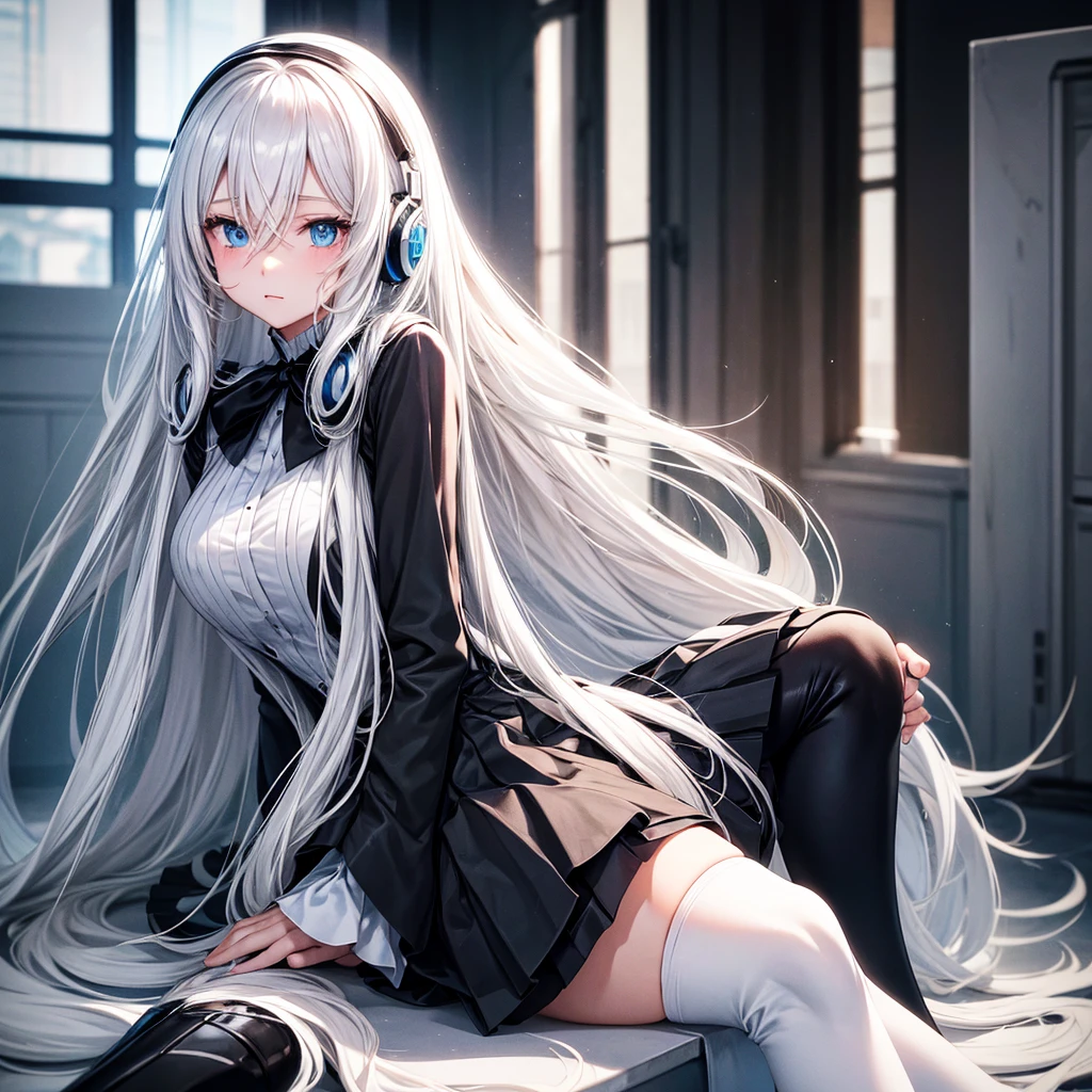 Long white hair with black highlights., with headphones on the neck, blue eyes, with a black bust and a little long, with a short black skirt, long white stockings, white boots with black soles. Sitting in a classroom anime version