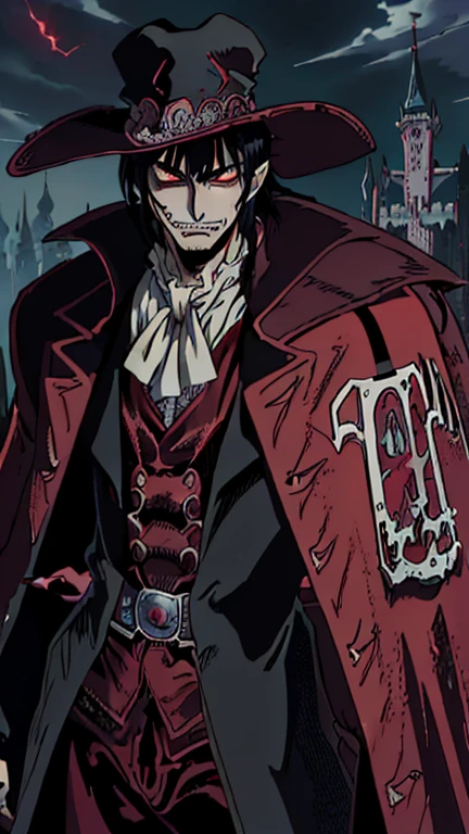 (1boy: alucard), (extremely detailed CG unit 8k wallpaper),(master part), (best quality), (ultra detail), (best illustration),(Oda Eiichirou style), cowboy shot, (Sharp eyeliner, ombre, detail eyes:1), Dracula Castle background, ,break , (vamptech), Upper body,