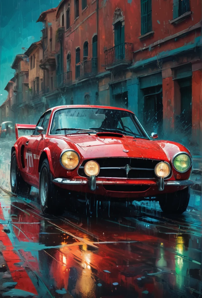 A red race car in the style of sam spratt, historical vintage car, old masters, genndy tartakovsky, soggy, masaccio, a 1990s poster style with dark green and blue details, colorful with vibrant colors, (low-light, breathtaking panoramic:1.3)