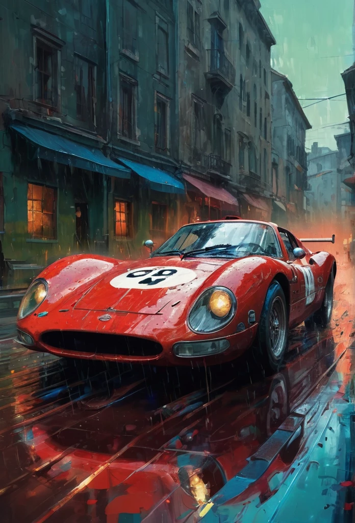 A red race car in the style of sam spratt, historical vintage car, old masters, genndy tartakovsky, soggy, masaccio, a 1990s poster style with dark green and blue details, colorful with vibrant colors, (low-light, breathtaking panoramic:1.3)