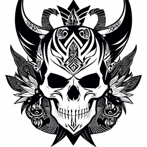Tattoo Design Drawings、Tribal design combining skulls and samurai helmets。Black and white and simple。Mix of tribal flame patterns、White background、One stroke、Fit in frame