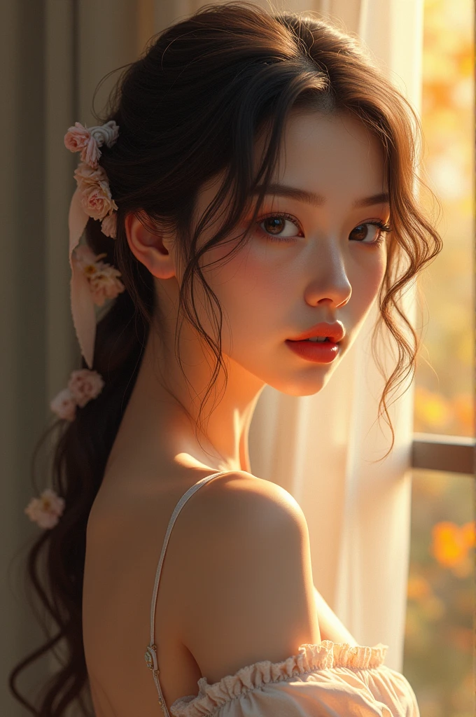 (8k, best quality, masterpiece:1.2),(best quality:1.0), (ultra highres:1.0), realistic, a beautiful woman nude, shoulder, hair ribbons, by agnes cecile, half body portrait, extremely luminous bright design, pastel colors, (ink:1.3), autumn lights,