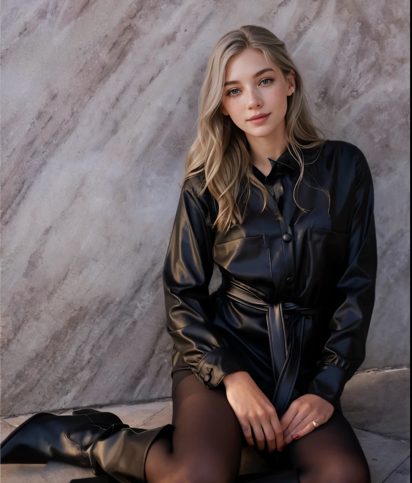 Face of a woman, americana, age 25, pale skin and freckles, grey-eyed, delicate nose, soft and delicate lips, Long Wavy Gray Blonde Hair, Sweet smile,