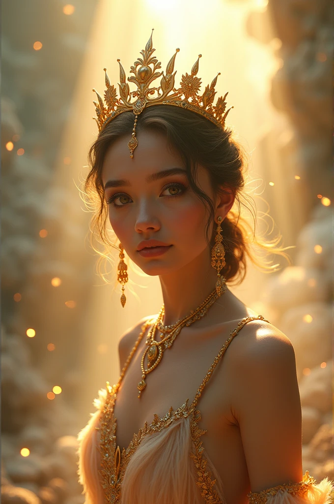 a radiant fantasy landscape, a girl in the center, beautiful detailed eyes, beautiful detailed lips, extremely detailed face, long eyelashes, ornate golden crown, intricate golden jewelry, flowing dress, ethereal glowing aura, sunbeams shining through clouds, vivid colors, dramatic lighting, dramatic cinematic composition, photorealistic, highly detailed, 8k, best quality, masterpiece