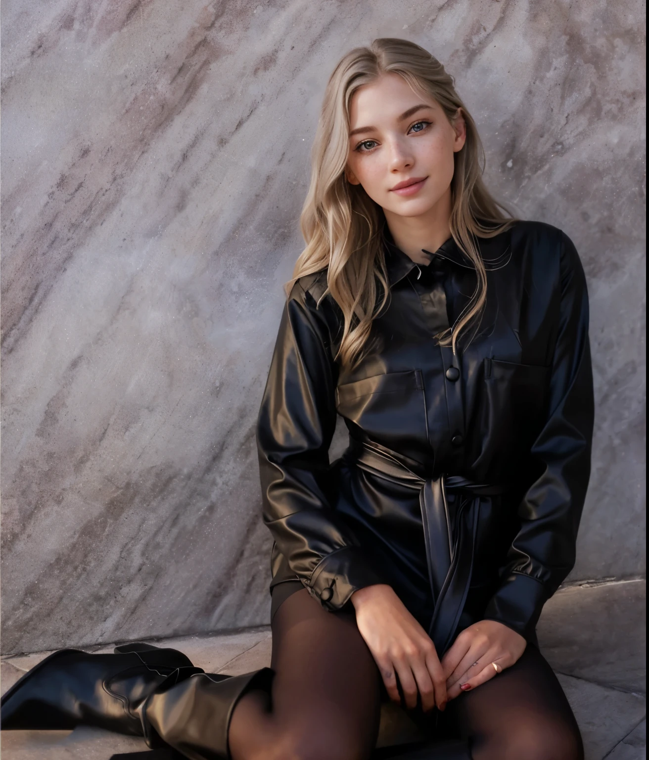 Face of a woman, americana, age 25, pale skin and freckles, grey-eyed, delicate nose, soft and delicate lips, Long Wavy Gray Blonde Hair, Sweet smile,