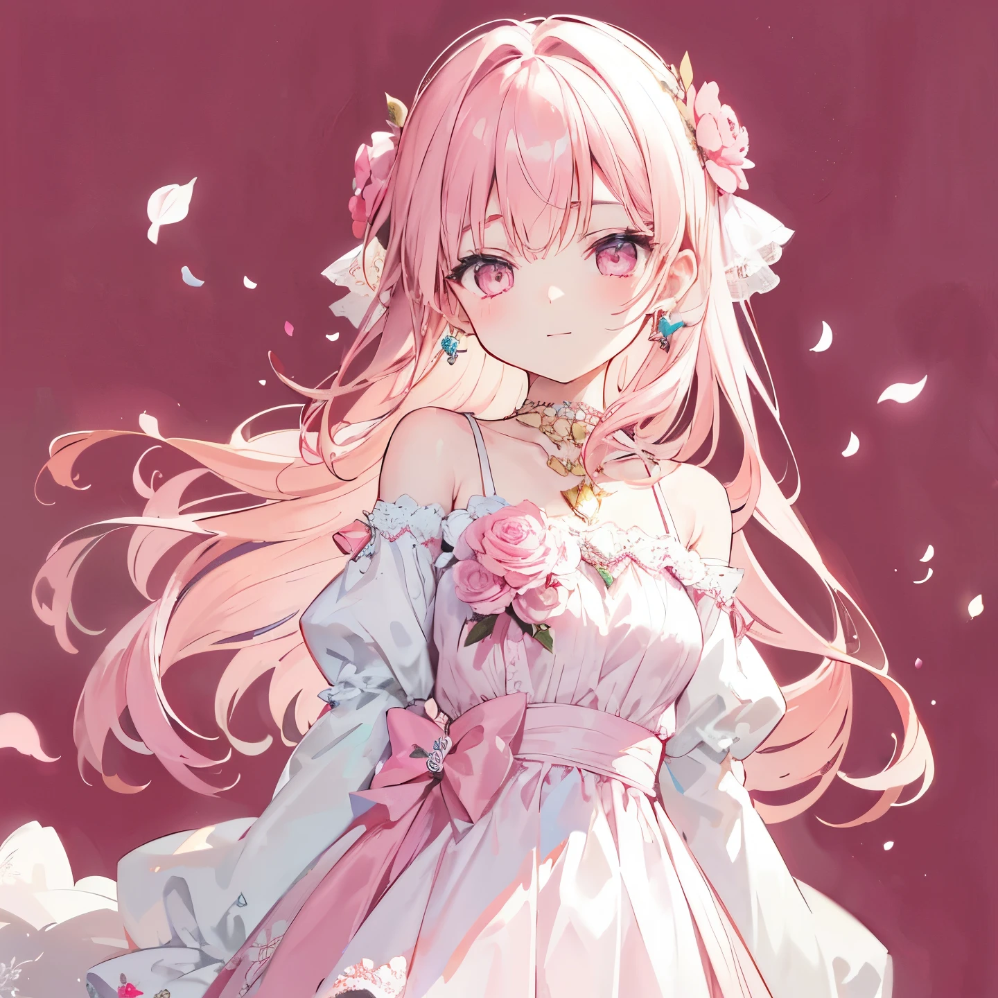 with shoulder-length, softly wavy hair in a light pink color. She has large, gentle pink eyes and a soft smile, with bright, healthy pinkish skin. Her outfit should be in spring colors and styles, such as pastel shades and light, flowy fabrics. Complement her look with a delicate gold necklace and small flower-shaped earrings. The woman should be facing to the right, either lightly walking or softly smiling, holding a small bouquet of flowers or a flower bud in her hand. Use a solid pink background for the illustration.