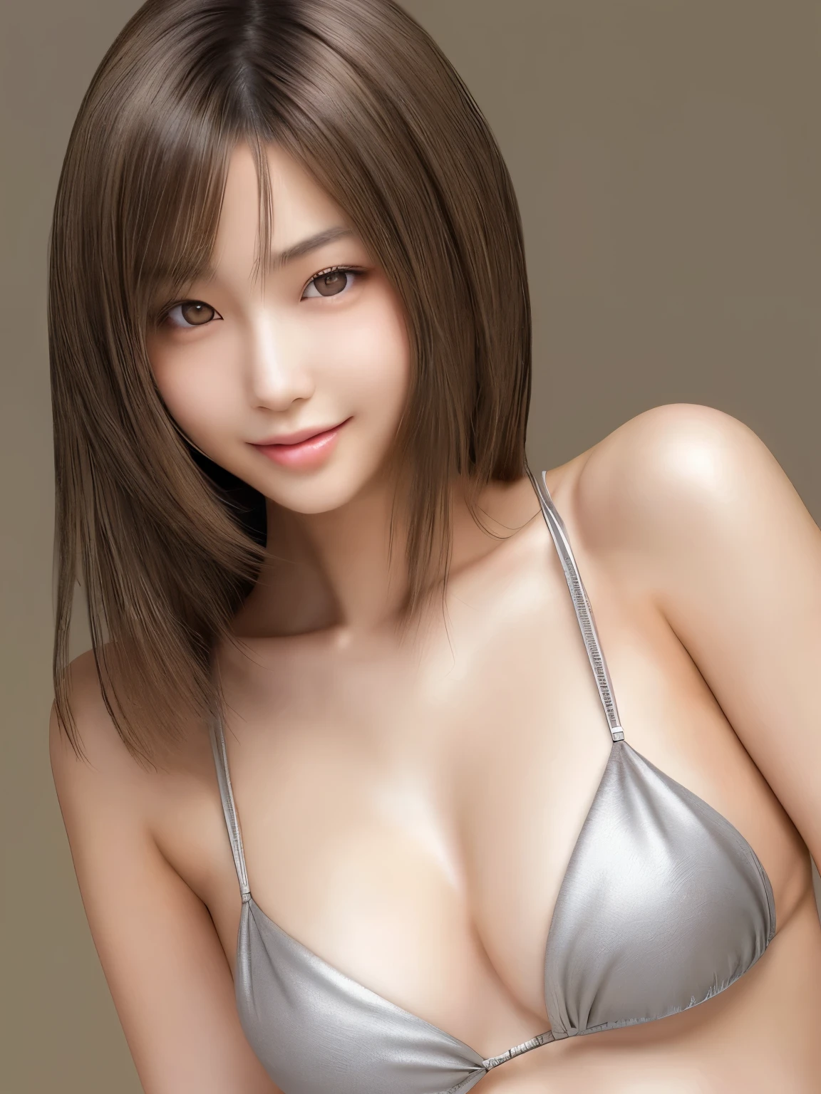 Beautiful young Japanese woman,, Light, shiny, brown, silky, fluffy shoulder-length hair, Wearing a sexy silver bikini, Perfect dynamic composition, Beautiful Eyes,Beautiful Face,Fine hair, Detailed and realistic skin texture, A gentle smile, Model body type、Slim and toned waist、whole body, Sexy pose