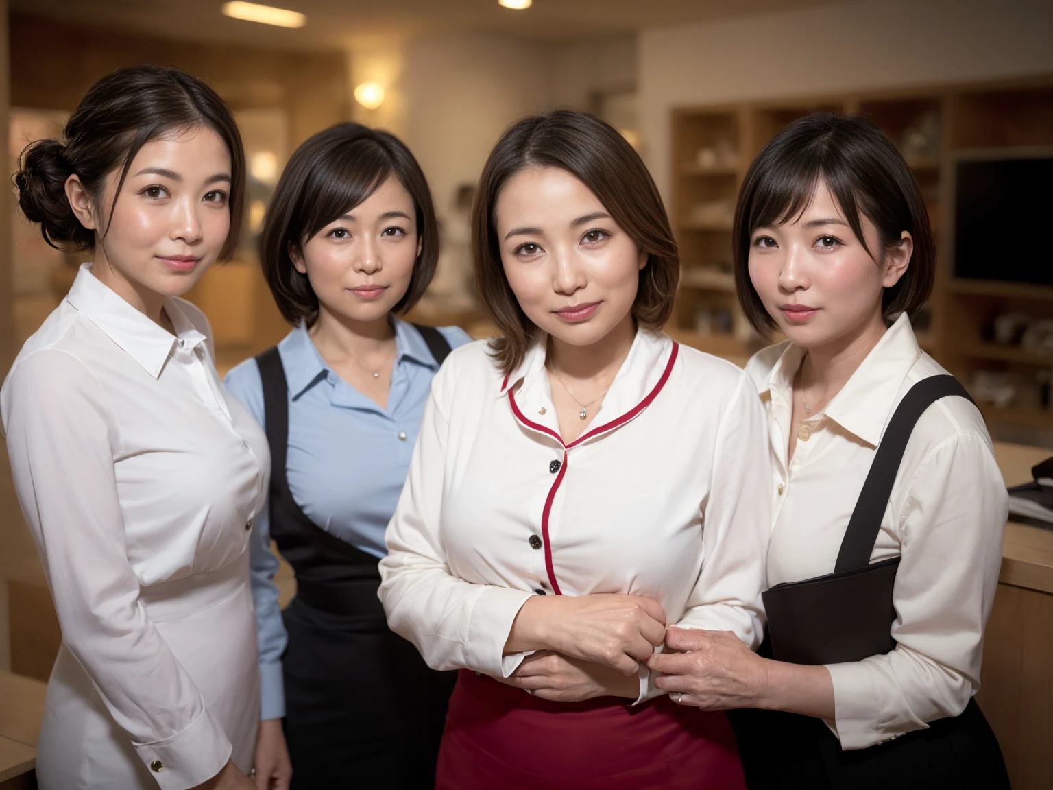 masterpiece, Highest quality, figure, Very detailed, The finer details, High resolution, 8k,wallpaper, Perfect dynamic composition,(Detailed high quality, Realistic depiction of eyes:1.3), (Three Mature Women),(A tight-fitting waitress uniform with buttons on the collar and chest), Seraphim, Short Bob Hair, The background is an empty changing room, Deep in the field, Black hair color, Big Natural Color Lip, (Perfect figure), (smile)、Harajuku Style、日本の50 years oldの女性:1.4), Adorable expression、Expressions of happiness、50 years old、Beautiful feet, Idol Sculpture、Fine lines all over the face、(Wrinkles around the eyes:1.3)、(wrinkles around the mouth:1.3)、Big Breasts、Erect nipples