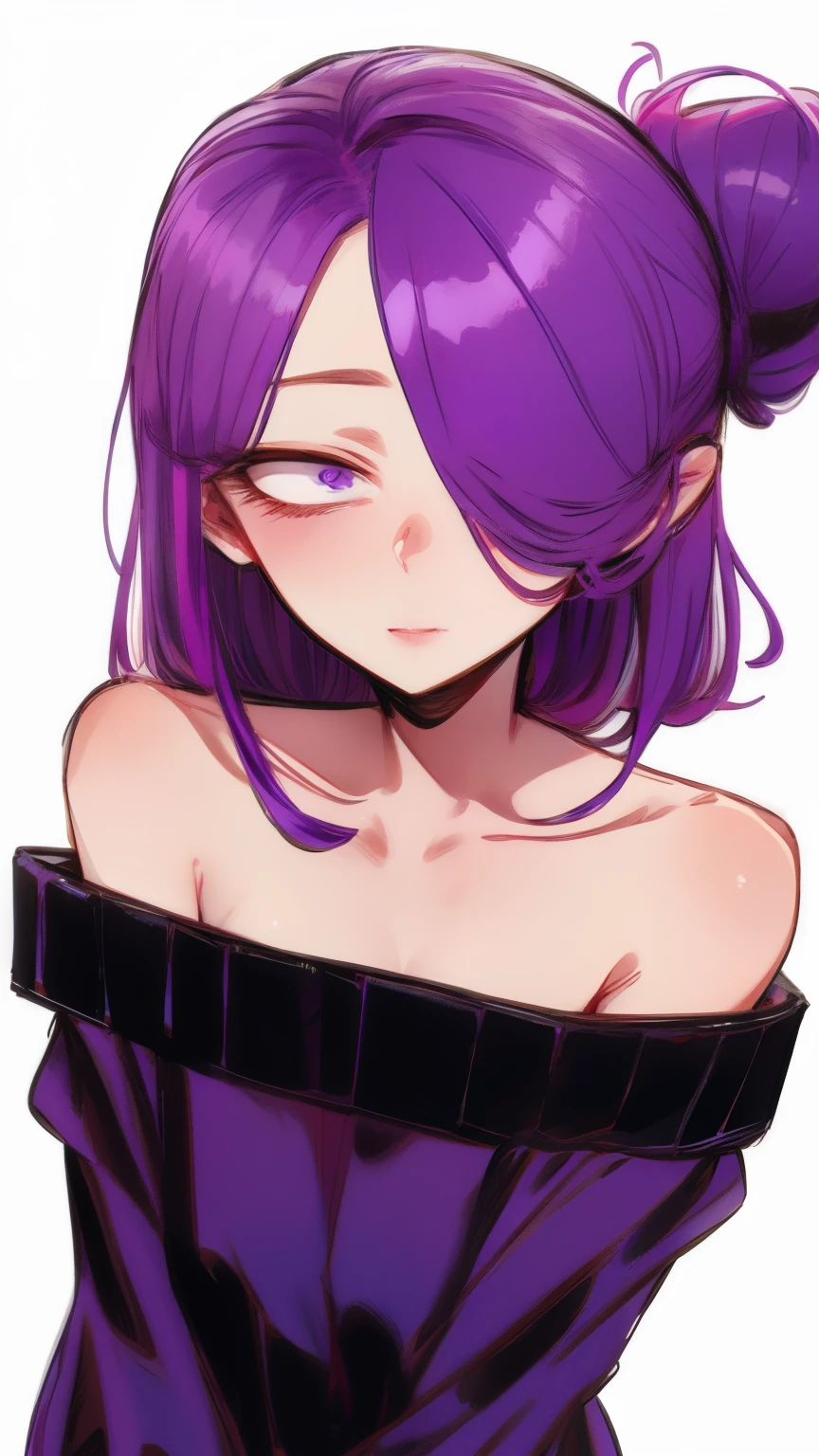 Girl, purple hair, hair over one eye, off-shoulder sweater, все тело