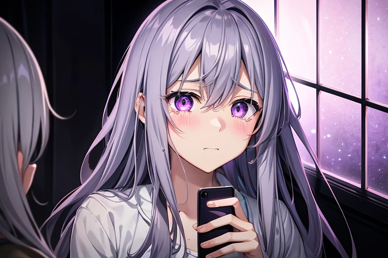 Adult Anime Girl 2d Long Hair Loose light Purple-Grayish, Age Adulthood adult, in a dark room illuminated by the light of his cell phone, his expression is very sad, crying, white Scleriotica 
