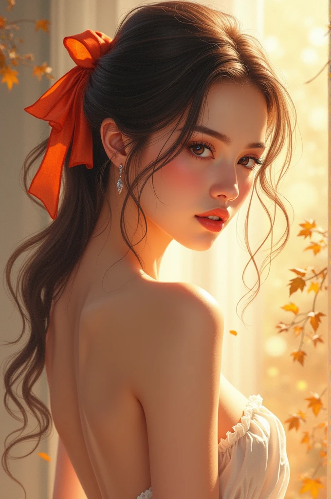 (8k, best quality, masterpiece:1.2),(best quality:1.0), (ultra highres:1.0), realistic, a beautiful woman nude, shoulder, hair ribbons, by agnes cecile, half body portrait, extremely luminous bright design, pastel colors, (ink:1.3), autumn lights,