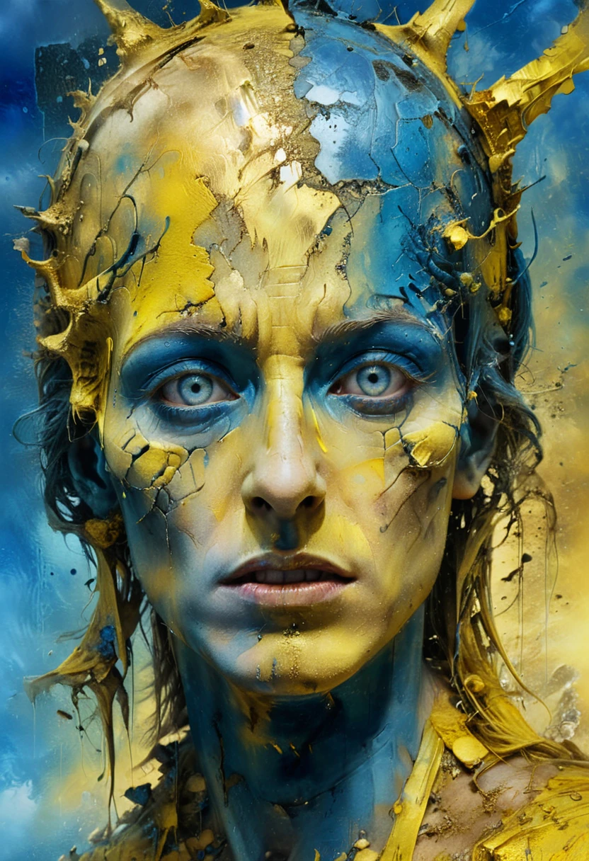 Face composed by a crazy dream on wastelands beyond fantasy, exploiting a new world coming into his eyes, metallic golden yellow, horror movie scene, realms, dark blue and light yellow, blue and yellow, royal blue and golden yellow, 4D, 8K, photorealistic, dreamlike, fantastic creatures on big and complex composition storytelling, masterpiece, artwork by Hieronymous Bosch, artwork by Jeremy Mann, artwork by Beksinski, artwork by Bernie Wrightson, artwork by René Magrite, Surrealism, Impressionism