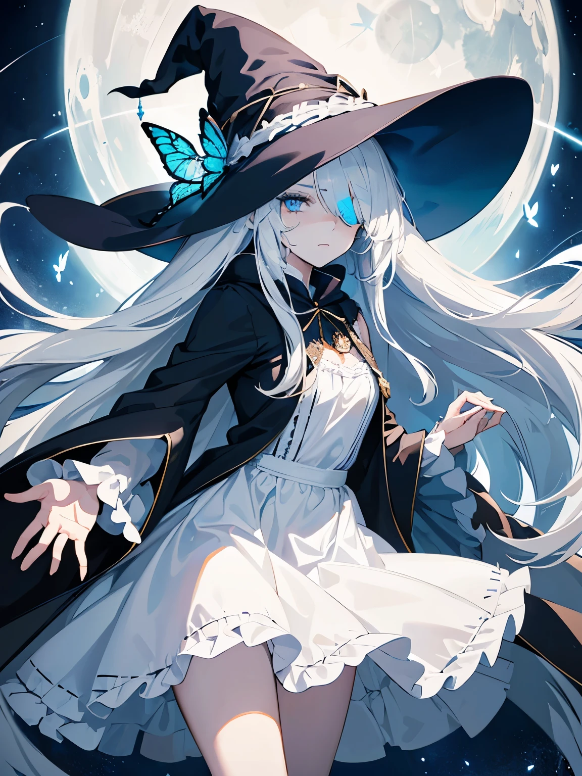 (solo:1.2), (close view), long white hair, blue eyes, ((bangs covering one eye)), long white frilly dress, witch hat, butterfly garments, exposed legs, ((annoyed expression)), moonlit background, sapphire amulet, hand held up, (best quality), (ultra detailed)