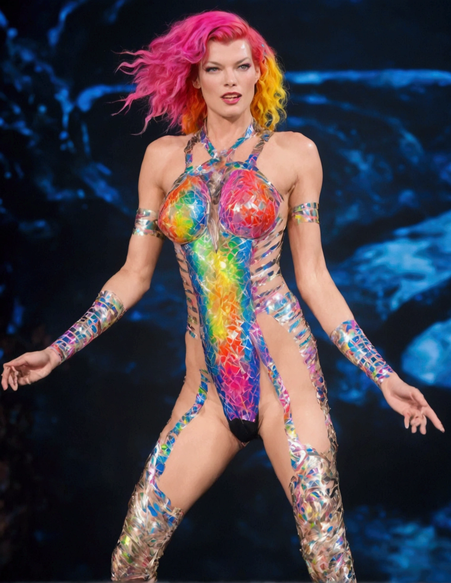 Milla Jovovich *ahe 20, neon rainbow hair, matching metal tape outfit) is performing on stage, likely performance, big leg movements