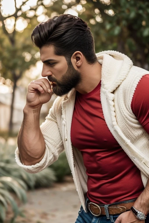 An illustration of a Greek god with a muscular build and a short beard., HdR., Styled in modern western attire., Profile,. He has a diferent color red shirt and diferent colors jeans, strong and muscular legs, big lump .. real, realistic expression is confident and charming..............short hair.............., with a hint of a smile. The setting is Delphi, with white flowers..........................., evoking a classic cold atmosphere, without ceasing to maintain the powerful and regal aura of the god.ojos perfectos,
Big ass, pelo corto , nalgon, close up, chaleco color apricot and white con adornos dorados.metalicos, gran hebilla del cinturón dorada super fashion moda todo adorablecon toques de color rojo, 30 años de edad
piernas fuertes y musculosas, gran bulto, grandes glúteos, hiper realista , latino