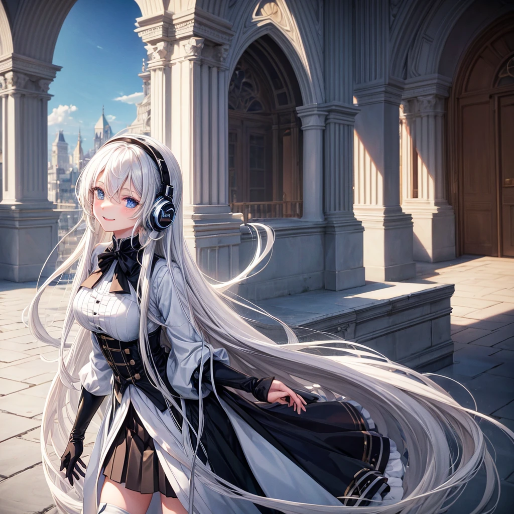 Long white hair with black highlights., with headphones on the neck, blue eyes, with a black bust and a little long, with a short black skirt, long white stockings, white boots with black soles. smiling, in a courtyard anime version