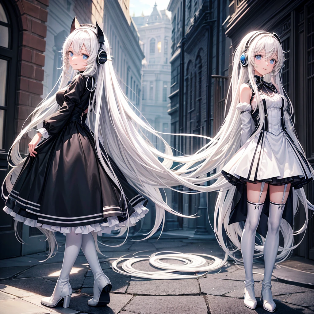 Long white hair with black highlights., with headphones on the neck, blue eyes, with a black bust and a little long, with a short black skirt, long white stockings, white boots with black soles. smiling, in a courtyard anime version