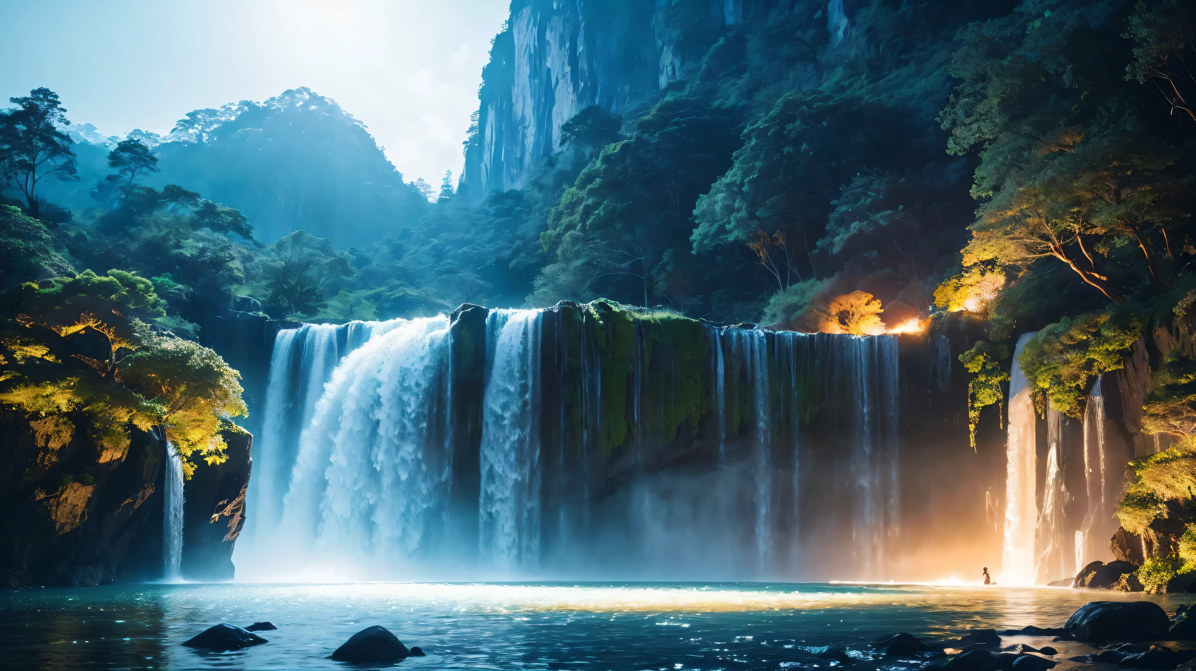 A vibrant, cinematic magic waterfall cascades down a luminous, iridescent rockface, surrounded by an opaque and mystical atmosphere, evoking an otherworldly essence, set against a late afternoon sky with warm, golden hues, radiating an intense, high-quality, 4k, ultra-graphic aesthetic, with dynamic, luminescent contours that shimmer and glow, exuding glamor and mystique, as glittering, sparkling particles suspended in mid-air, caught in the midst of their gentle, shimmering descent, like diamonds against the velvety, dark mysterious background, which gradually fades into darkness, accentuating the waterfall's brilliance, with a subtle, soft focus effect around the edges, heightening the sense of wonder and enchantment.