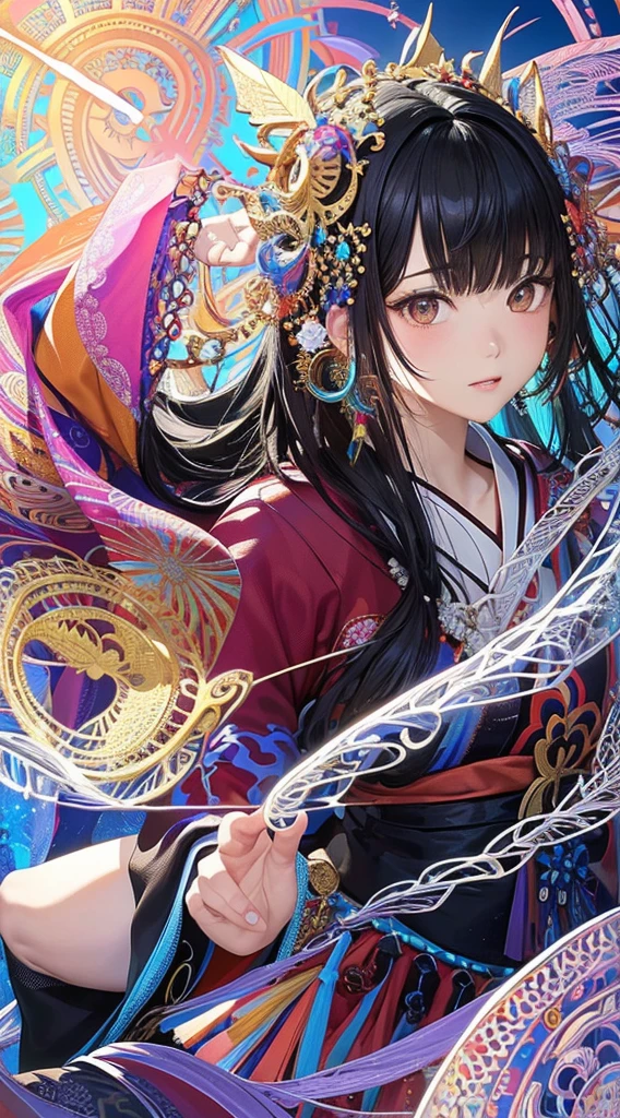 (masterpiece、Highest quality、Highest quality、Official Art、Beautiful and aesthetic:1.2)、(One Girl:1.3)、Black-haired、Straight Hair、Align your bangs、Very detailed、(Fractal Art:1.5)、(colorful:1.2)、Highest detail、(Tangled:1.2)、(Dynamic Pose、sideline)、(Abstract background:1.5)、(Japanese clothing:1.2)、(Glowing Skin)、(Many colors:1.2)、(Earrings:1.4)、The background is blue tone、