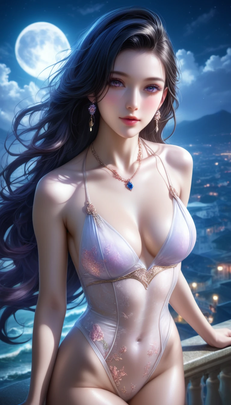 score_9, score_8_superior, score_7_superior, A masterpiece in 32K resolution,Highest quality,it is really amazing,Very detailed,Ultra-high resolution,Ultra-realistic,Realistic,Increased depth of field,Cinematic lighting,
Elegant Japanese woman,
Straight long hair with black hair,Ultra-detailed and beautiful face,Gentle expression,Translucent white skin,Realistic skin texture,
Sexy Swimwear,
Bold design,Artistic design,Beautiful and detailed pattern,Detailed fabric texture,
Gorgeous necklace,Earrings,
Coastline at night,Giant Moon,Dark clouds floating in the dark night sky,
High angle,