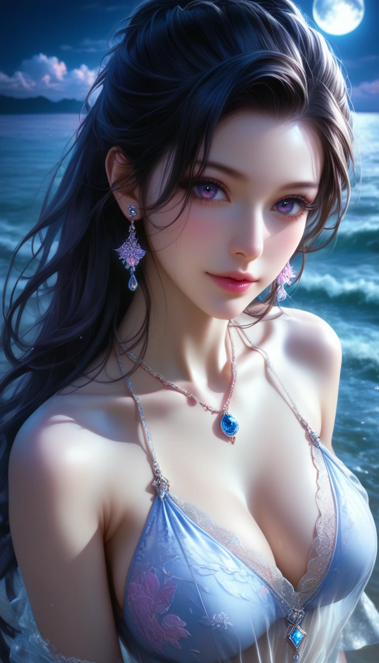 score_9, score_8_superior, score_7_superior, A masterpiece in 32K resolution,Highest quality,it is really amazing,Very detailed,Ultra-high resolution,Ultra-realistic,Realistic,Increased depth of field,Cinematic lighting,
Elegant Japanese woman,
Straight long hair with black hair,Ultra-detailed and beautiful face,Gentle expression,Translucent white skin,Realistic skin texture,
Sexy Swimwear,
Bold design,Artistic design,Beautiful and detailed pattern,Detailed fabric texture,
Gorgeous necklace,Earrings,
Coastline at night,Giant Moon,Dark clouds floating in the dark night sky,
High angle,