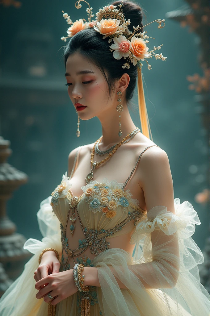 Cinderella with coins gold , gorgeous costumes embroidered with intricate embroidery, flowing tulle, transparent long colorful ribbons tied on the arms, inspired by Dunhuang Flying Apsaras murals, showing navel, bare shoulders, bare neck, hair in a high bun with flower hairpins, ribbons on arm rings, wreaths, bracelets, anklets, metal chain tassels on the waist, Mogao Grottoes art, ink painting, cgstation pop, in the night castle, ((fullbody)), ((super realistic))