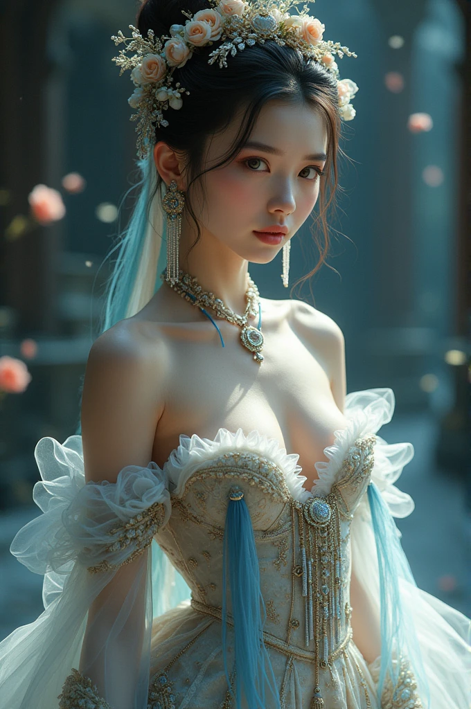 Cinderella with coins gold , gorgeous costumes embroidered with intricate embroidery, flowing tulle, transparent long colorful ribbons tied on the arms, inspired by Dunhuang Flying Apsaras murals, showing navel, bare shoulders, bare neck, hair in a high bun with flower hairpins, ribbons on arm rings, wreaths, bracelets, anklets, metal chain tassels on the waist, Mogao Grottoes art, ink painting, cgstation pop, in the night castle, ((fullbody)), ((super realistic))