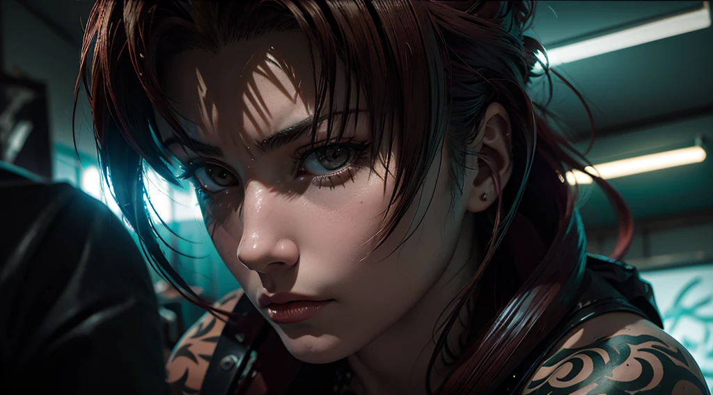 Revy from black lagoon, neon lights, The artwork is rendered in an edgy and realistic style, with high attention to detail and sharp focus. The colors are vivid and contrasted, with a slight desaturation to create a moody atmosphere. shadowy highlights enhancing the overall composition. The medium used is a digital illustration, with a touch of photo-realistic elements to add depth and texture to the image. The final result is a masterpiece in ultra-high resolution,