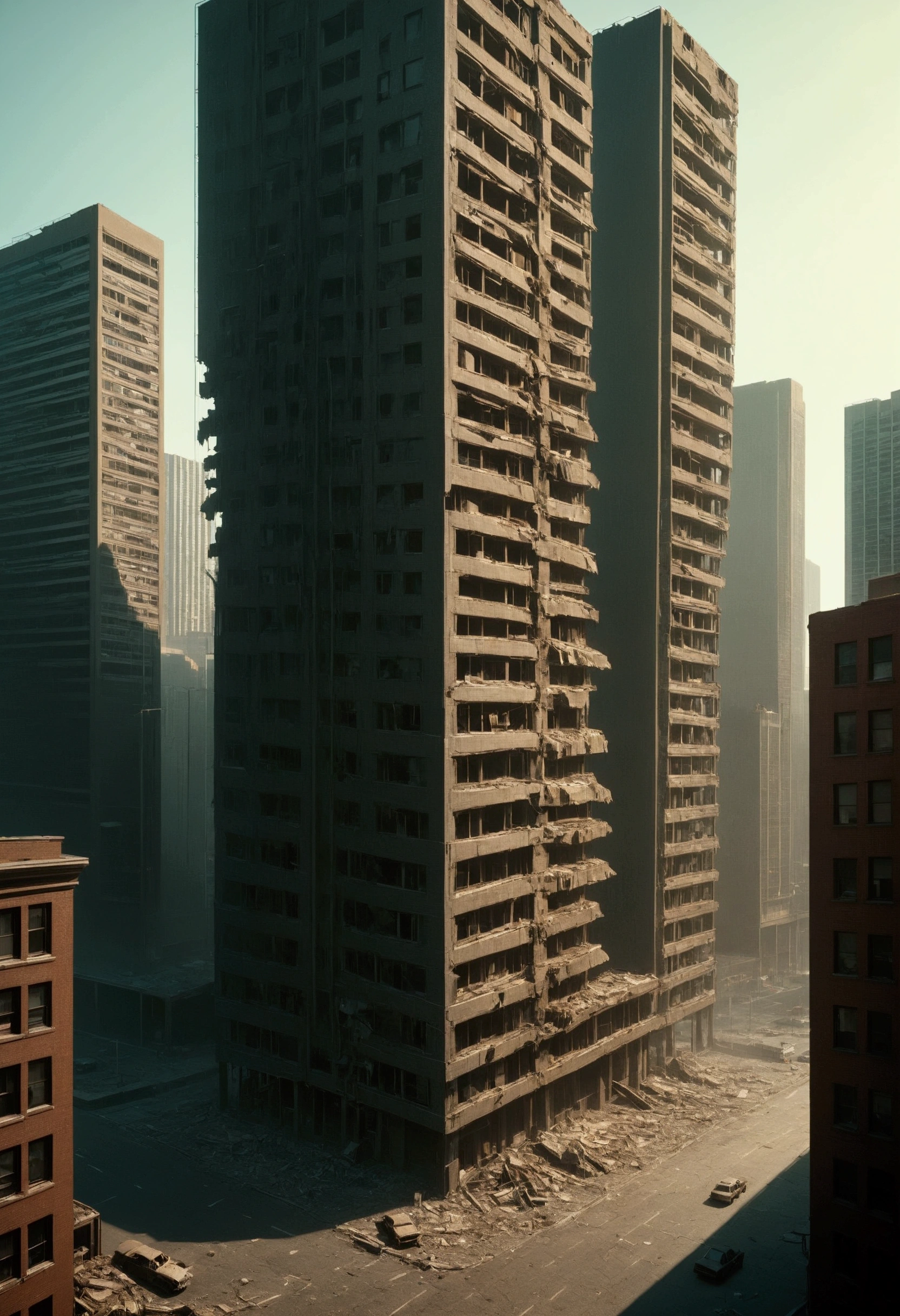 aerial image of a post-apocalyptic North American megalopolis,  with building tilted 40 degrees collapsing into the street, there is a dilapidated tall building that is collapsing into the street it is tilted 40 degrees diagonally across the street.