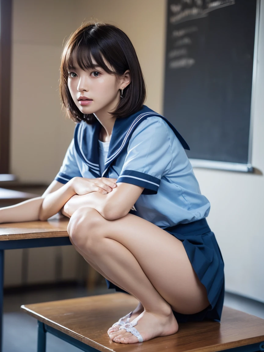 (super high quality:1.2),(masterpiece:1.2), Very detailed, (Ultra-high resolution:1.2), (Realistic, photo Realistic:1.6), High-resolution RAW color photos, Professional photos, Dramatic lighting, Sensual movie scene、Sharp focus:1.2, (Very detailed顔と肌の質感, Very beautiful eyes, Glossのある肌, Glowing Skin, Glowing Skin, Shining Face, Gloss, Oily skin, greasy face, Oily skin, greasy face, 強いGloss), Perfect Anatomy, Very detailed背景,,(School classroom),((25-year-old woman, Japanese women),(lean slender body、Slender legs), (Short Bob Hair, Straight hair, bangs, Brown Hair), (Flat Chest:1.6),(Glowing Skin,White skin), ((((Short Sleeve White Sailor School Uni形状、Navy blue pleated skirt:1.5,Sexy floral panties under a skirt:1.2)))、Earrings,(((squatting on a desk,Spread your legs:1.3)))