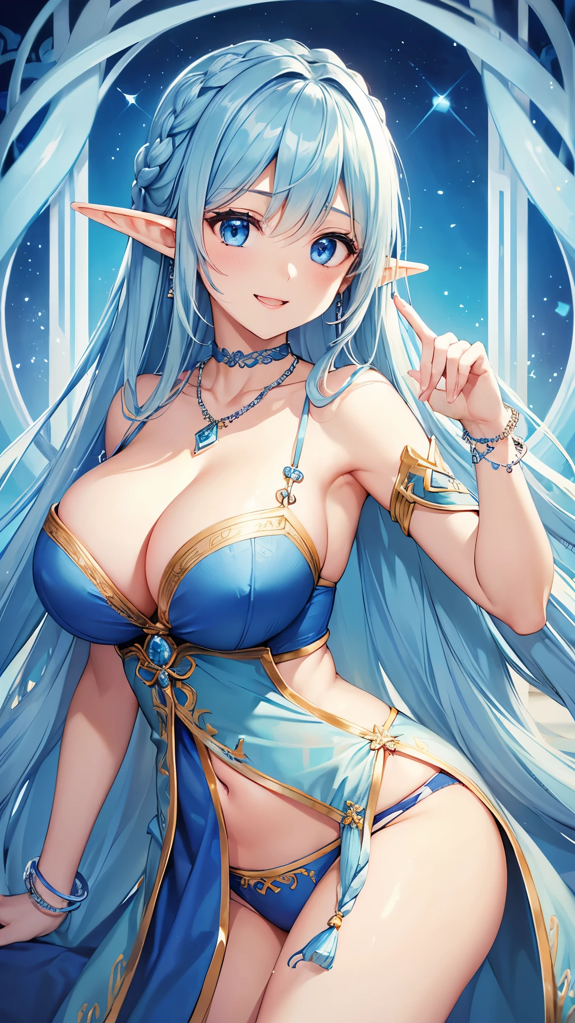 Highest quality、Highest quality、masterpiece、(8k resolution),beauty(Age 25)、(Mature Appearance)、Light blue long hair(Braiding of sides)、blue eyes、(Blue underwear with detailed embroidery)、(Elf)、Big cleavage、((Very large breasts))、smile、blue necklace、Blue Earrings、background(ice)、Please open your mouth wide、bracelet、Dynamic pose、Blue choker、