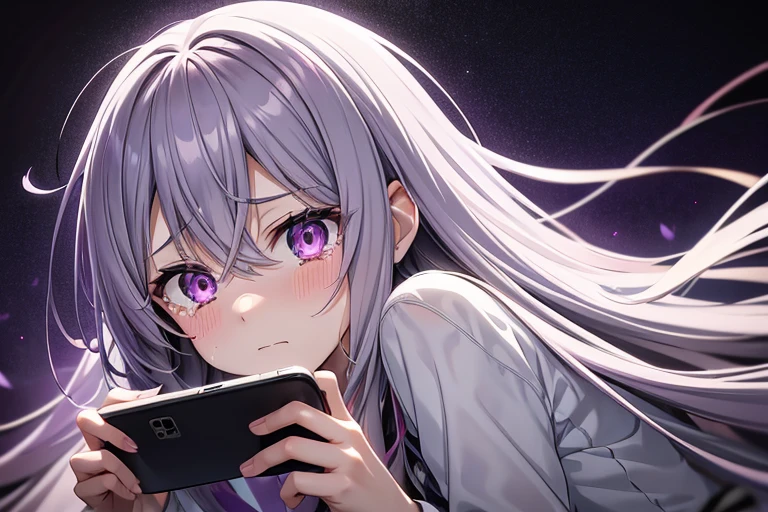 One Adult Anime Girl 2d Long Hair Loose light Purple-Grayish, Age Adulthood adult, in a dark room illuminated by the light of cell phone in hands, his expression is very sad, far, crying, white Scleriotica 