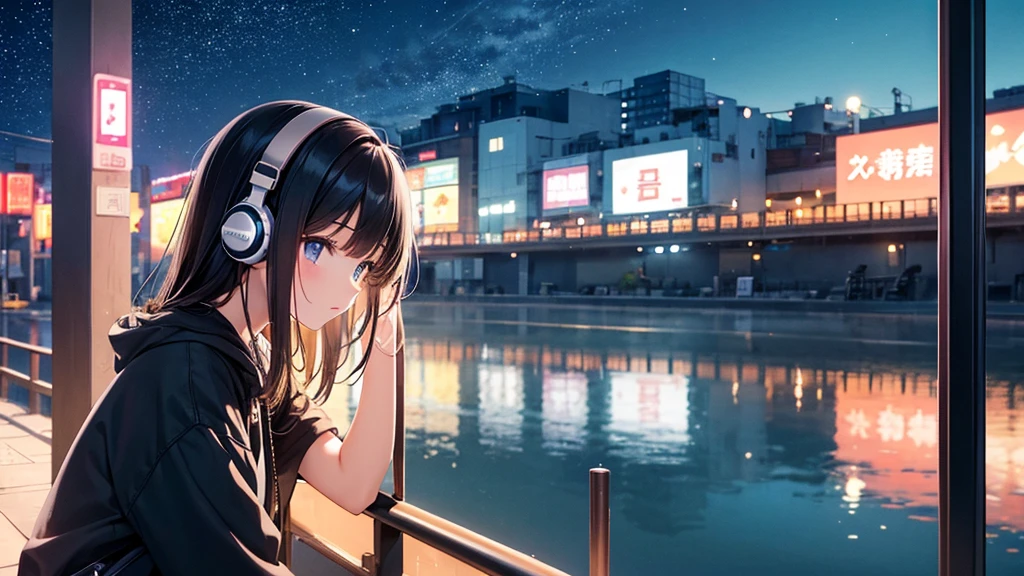 Traveling Inside the Zoo。A young girl with black hair wearing stylish clothes and headphones labeled "Lo-Fi" The girl is shown in profile, gazing into the distance with a calm, relaxed expression Background depicts the iconic scenery of Namba, Osaka at night, without any text on signs A starry night sky adding to the peaceful atmosphere Overall mood is quiet and serene, perfect for Lo-Fi music Detailed hair rendering and careful attention to the girl's fashionable outfit The entire scene should evoke a relaxing, introspective feeling associated with Lo-Fi music