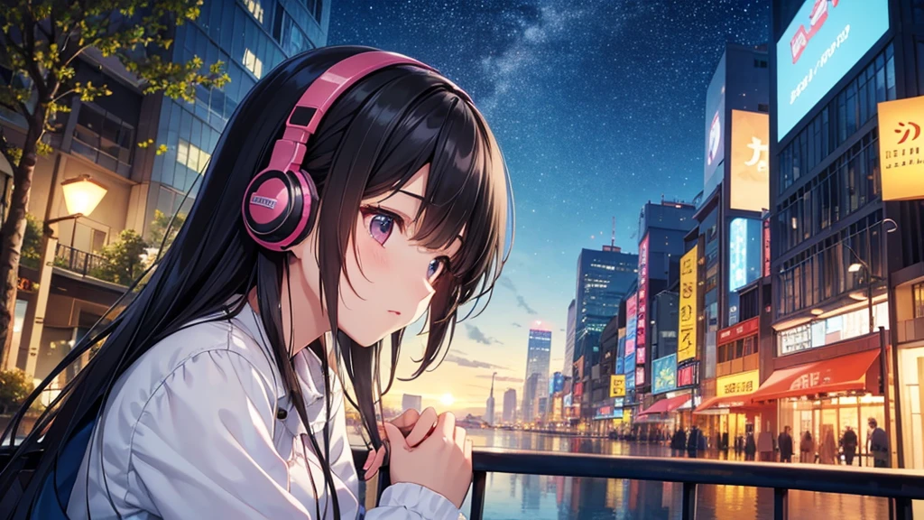 Traveling Inside the Zoo。A young girl with black hair wearing stylish clothes and headphones labeled "Lo-Fi" The girl is shown in profile, gazing into the distance with a calm, relaxed expression Background depicts the iconic scenery of Namba, Osaka at night, without any text on signs A starry night sky adding to the peaceful atmosphere Overall mood is quiet and serene, perfect for Lo-Fi music Detailed hair rendering and careful attention to the girl's fashionable outfit The entire scene should evoke a relaxing, introspective feeling associated with Lo-Fi music