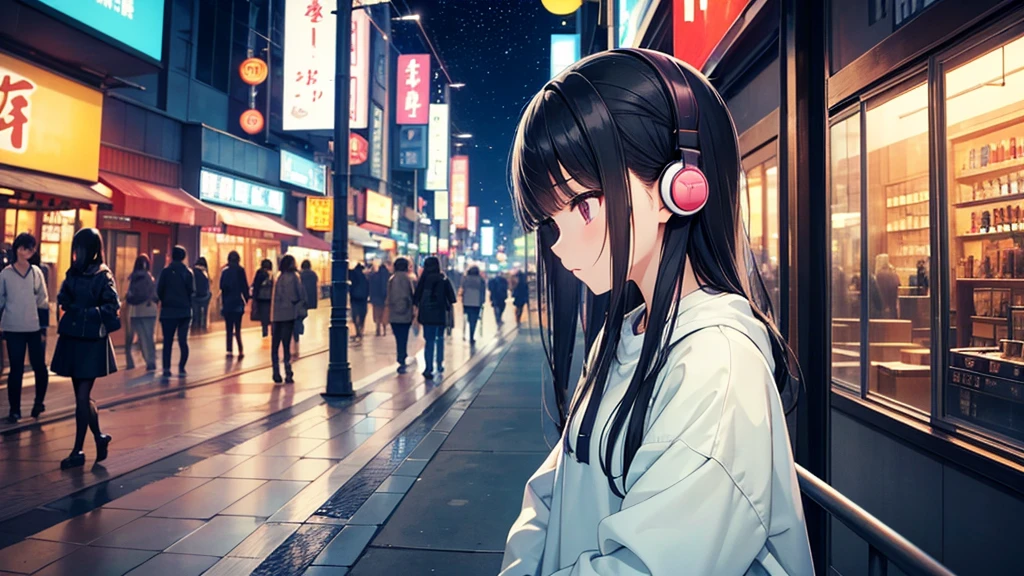 Traveling Inside the Zoo。A young girl with black hair wearing stylish clothes and headphones labeled "Lo-Fi" The girl is shown in profile, gazing into the distance with a calm, relaxed expression Background depicts the iconic scenery of Namba, Osaka at night, without any text on signs A starry night sky adding to the peaceful atmosphere Overall mood is quiet and serene, perfect for Lo-Fi music Detailed hair rendering and careful attention to the girl's fashionable outfit The entire scene should evoke a relaxing, introspective feeling associated with Lo-Fi music