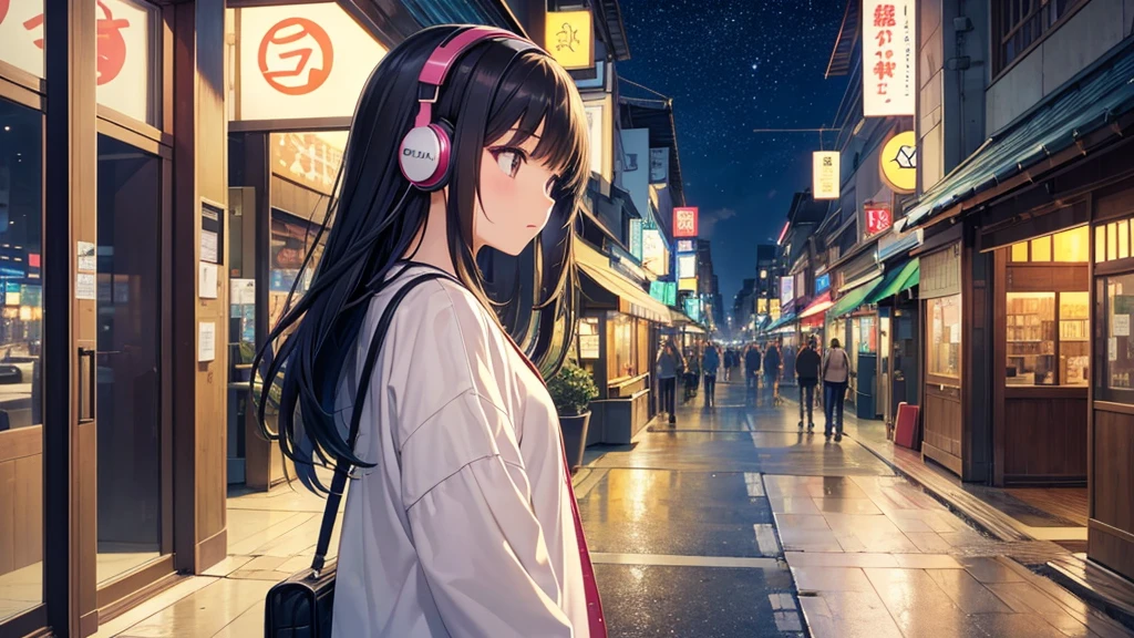 Traveling Inside the Zoo。A young girl with black hair wearing stylish clothes and headphones labeled "Lo-Fi" The girl is shown in profile, gazing into the distance with a calm, relaxed expression Background depicts the iconic scenery of Namba, Osaka at night, without any text on signs A starry night sky adding to the peaceful atmosphere Overall mood is quiet and serene, perfect for Lo-Fi music Detailed hair rendering and careful attention to the girl's fashionable outfit The entire scene should evoke a relaxing, introspective feeling associated with Lo-Fi music