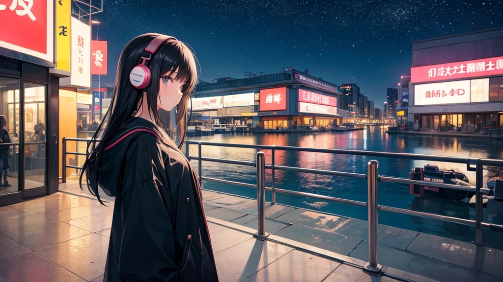 Traveling Inside the Zoo。A young girl with black hair wearing stylish clothes and headphones labeled "Lo-Fi" The girl is shown in profile, gazing into the distance with a calm, relaxed expression Background depicts the iconic scenery of Namba, Osaka at night, without any text on signs A starry night sky adding to the peaceful atmosphere Overall mood is quiet and serene, perfect for Lo-Fi music Detailed hair rendering and careful attention to the girl's fashionable outfit The entire scene should evoke a relaxing, introspective feeling associated with Lo-Fi music