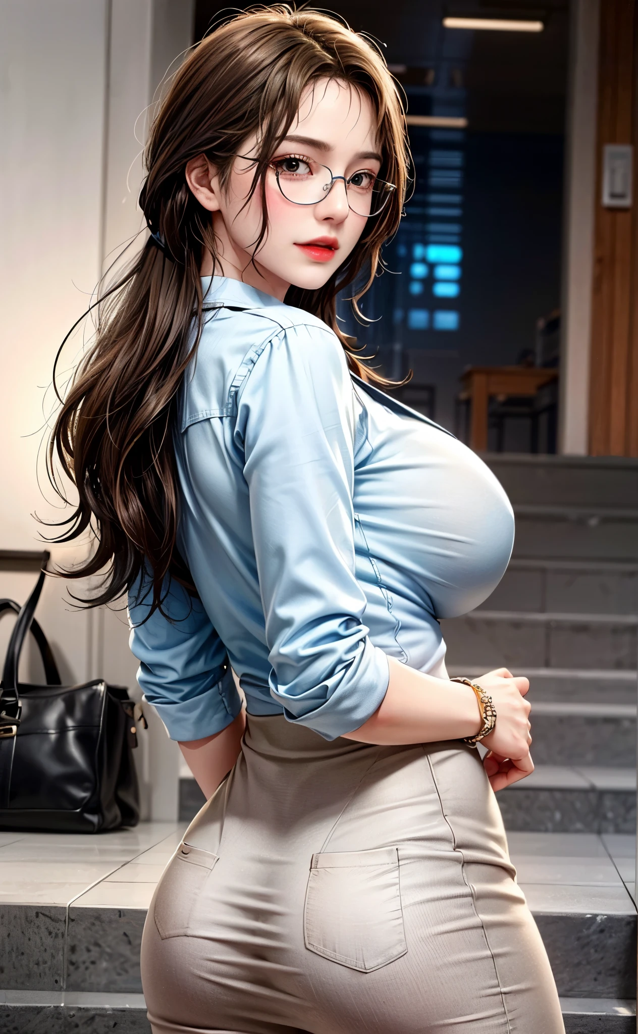 Professional, High level of detail, close up photo (attractive mature 45yo woman:1.3),ray tracing, natural lighting, (blushing:1.1 ), (classy, elegant, dandy)1.2, (white colour), perfect face, flower dress with black blazer, long pencil skirt, (((glasses, covered))), big breast, cleveage, Slim Face,(mature) , Pretty Lady, smile eyes, see full image, bracelet, (at stairs), view from behind, loose hair