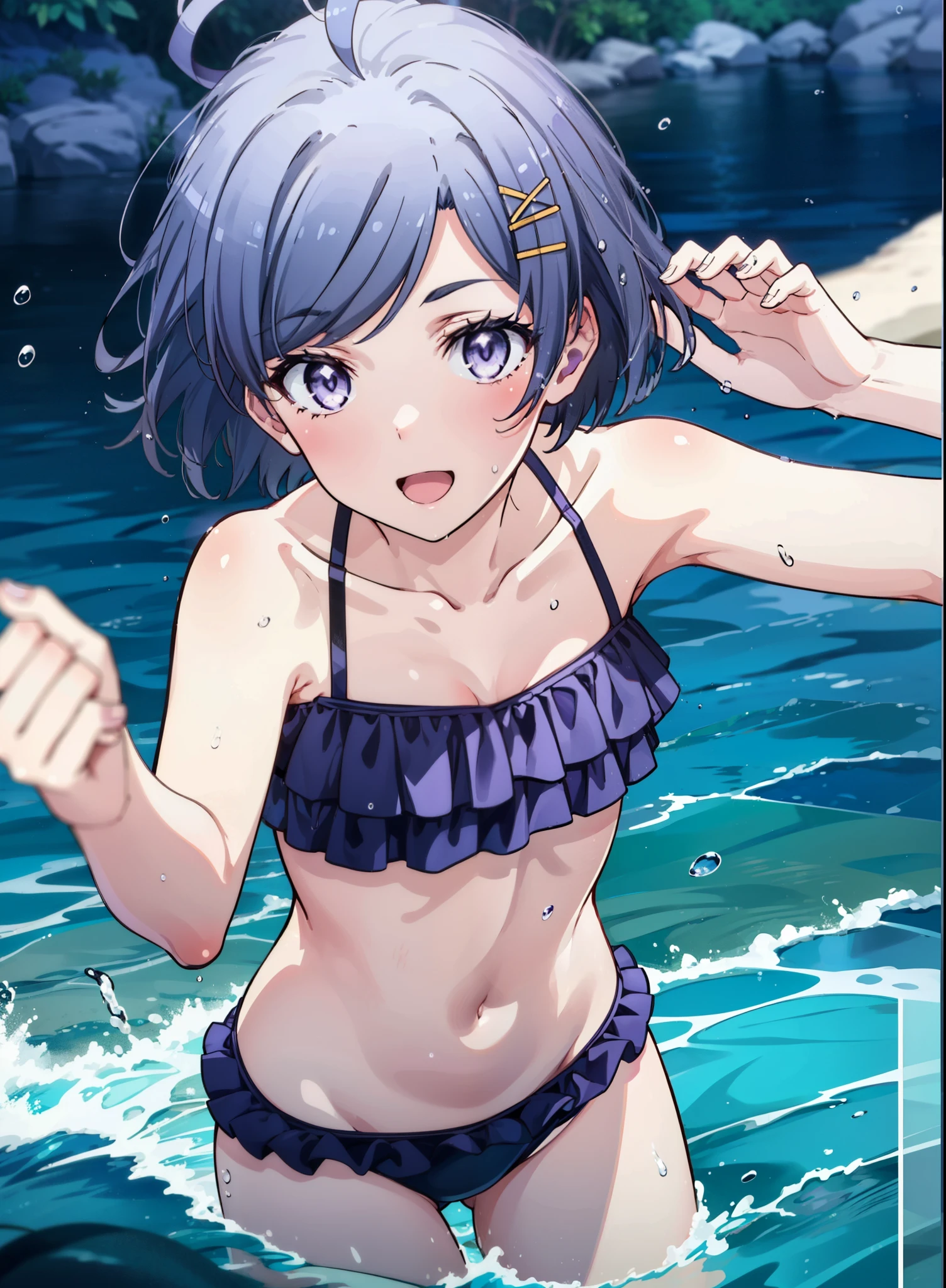 komachihikigaya, komachi hikigaya, short hair, Black Hair, hair ornaments, Ahoge, (Purple eyes:1.1), tooth, smile, Open your mouth, Bikini swimsuit with ruffles,barefoot,Water Play,Wet swimsuit,Wet Hair,Wet Skin,whole bodyがイラストに入るように,
break outdoors, Ocean,Beach,
break looking at viewer,whole body ,(Cowboy Shot:1. 5),
break (masterpiece:1.2), Highest quality, High resolution, unity 8k wallpaper, (figure:0.8), (Beautiful attention to detail:1.6), Highly detailed face, Perfect lighting, Highly detailed CG, (Perfect hands, Perfect Anatomy),