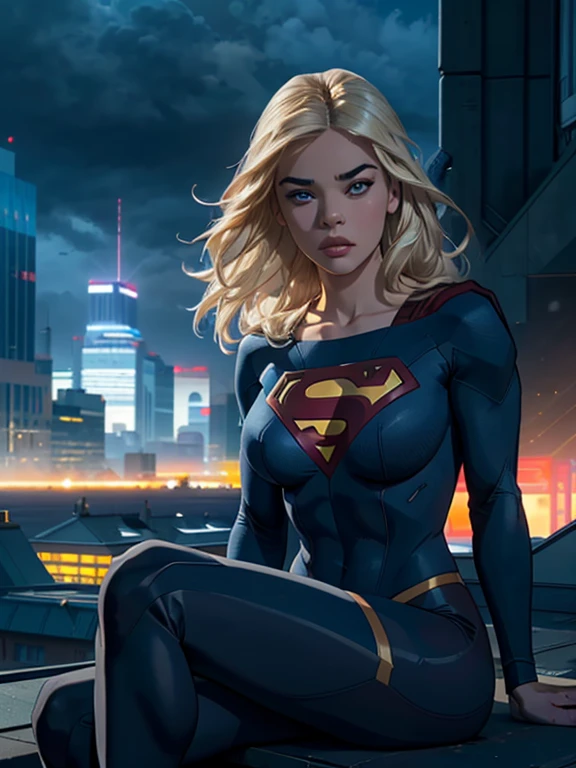 Hailee Steinfeld as supergirl sitting on a rooftop building, wearing Supergirl outfit, lost in deep thought, looking at the city, perfect eye, beautiful highly detailed eyes, beautiful detailed blue eyes, both eyes are similar, beautiful detailed lips, extremely detailed face, long eyelashes, beautiful detailed tight costume, tight figure, blonde hair, big round breasts, dynamic pose, cinematic lighting, epic cityscape, moody atmosphere, dramatic shadows, vibrant colors, photorealistic, 8k, best quality, hyper detailed, masterpiece