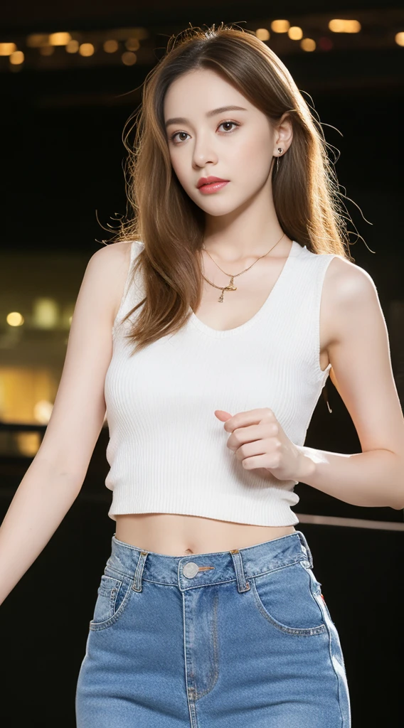 （realisticlying， A high resolution：1.3）， 1 girl with a perfect body， Super fine face and eyes，long whitr hair，Wearing necklaces and earrings， Crewneck vest of random color：1.2，short denim skirt，Strike in random poses，Night falls，Near Future City，middlebreast，Anatomically normal，Glow particle effect，