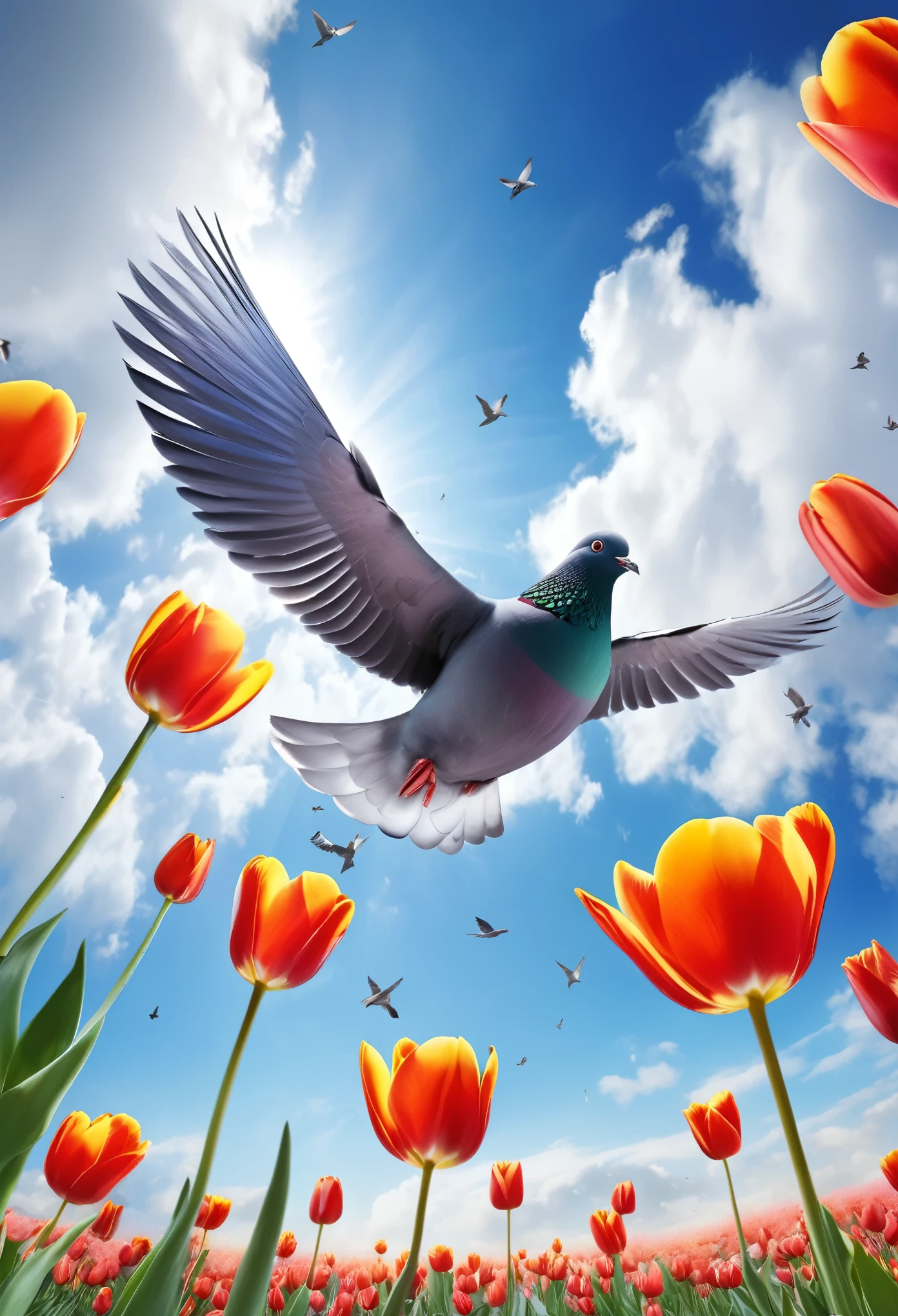 8k resolution, masterpiece, Highest quality, Award-winning works, A pigeon flying through the sky with a tulip in its beak, Symbol of peace, blue sky