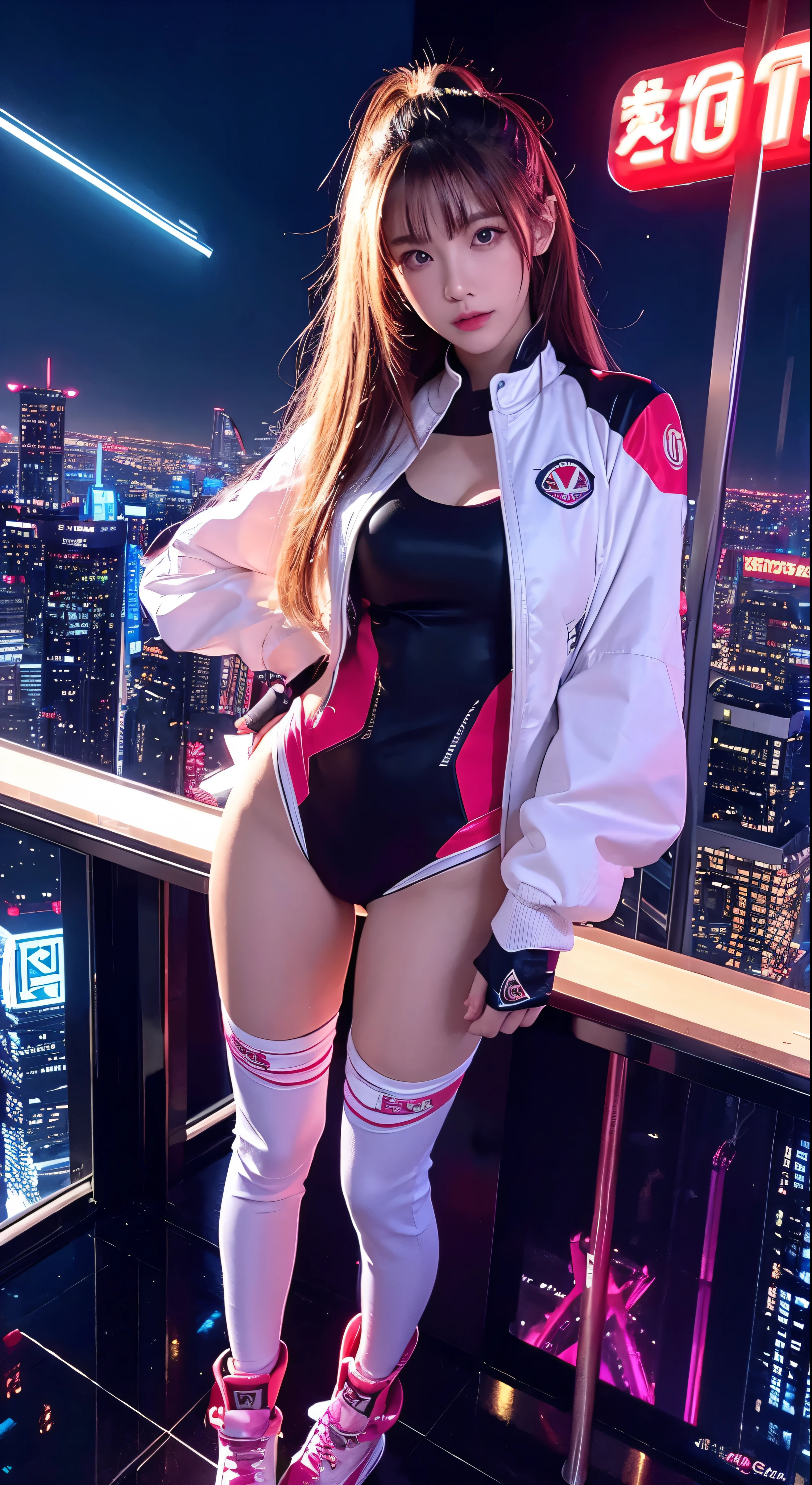 (Representative works)、Image of a flying superwoman，Highest quality、girl、Flying over a cyberpunk city　1girl、flying over stunning cityscapes、White armored suit with the letter S on it、Chestnut Hair、Neon colorの流れ星、Very long hair、Facial details、Feather ornament、Neon color、flash、Stunning night sky、Cinematic lighting、Photorealistic、Realistic Style、HDR、Full body high quality images